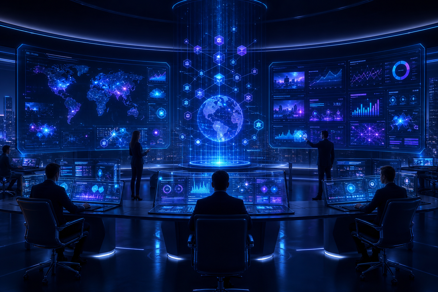 Ad tech command center with digital advertising dashboards